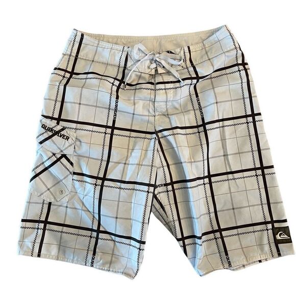 Quiksilver Mens White Cream Brown Plaid Surf Beach Boardshorts Size 31 - Picture 1 of 7